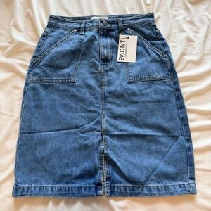 EVIDNT Los Angeles Denim Pencil Skirt Blue High Waist Midi Slit Size 26 NWT
